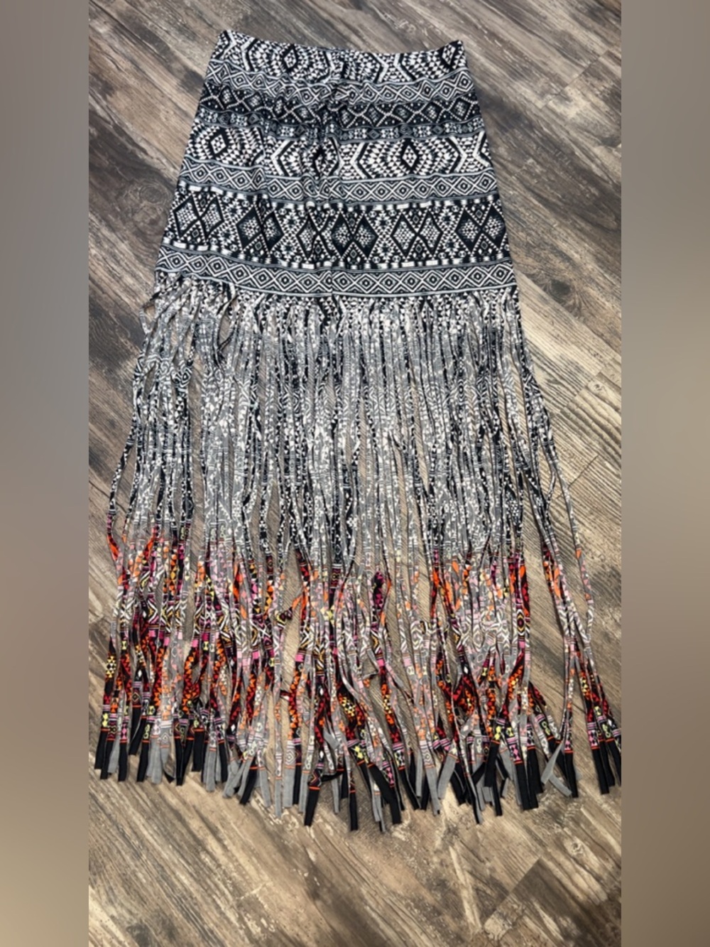 VENUS Black & Multicolor Fringe Boho Maxi Skirt